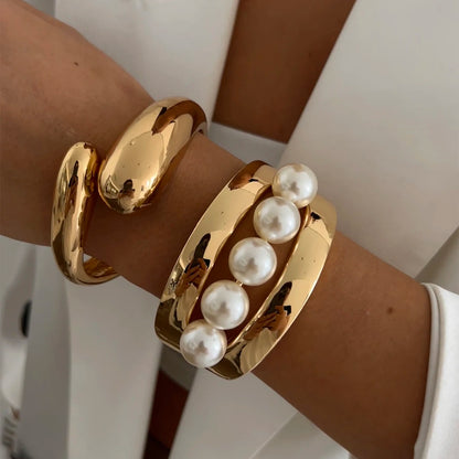 SHIXIN Design Geometric Water Drop Gold Color Wide Spring Bangles for Women Elegant Imitation Pearl Cuff Bracelets New Jewelry
