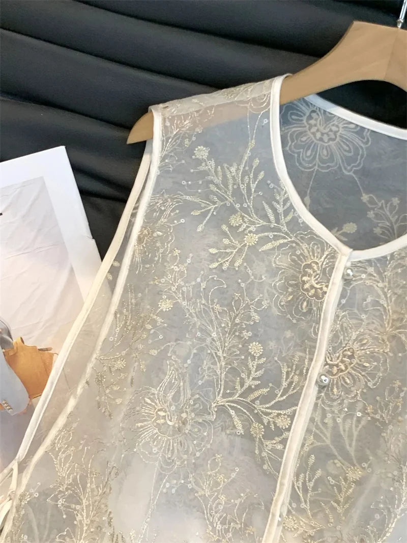 Fashion Chinese Style Embroidered Vest Women's Spring and Summer Yarn Thin Round Neck tie Sleeveless Loose Vest  Jacket Coat New