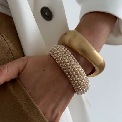 SHIXIN Design Geometric Water Drop Gold Color Wide Spring Bangles for Women Elegant Imitation Pearl Cuff Bracelets New Jewelry
