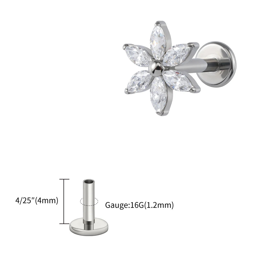 Right Grand ASTM F136 Titanium 16G Marquise Flower CZ Labret Stud Helix Conch Cartilage Tragus Flat Back Piercing Body jewelry