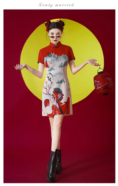 Women's Modern Cheongsam Dress - Red Retro Floral Print Qipao Modern Chic Chinese Style Party Dress