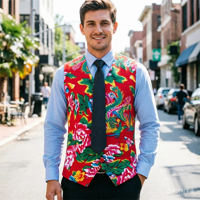 Chinese Style Large Flower Men's Vest - Trendy Printed Slim Fit Vest, Suitable for Both Festive Performances and Daily Wear