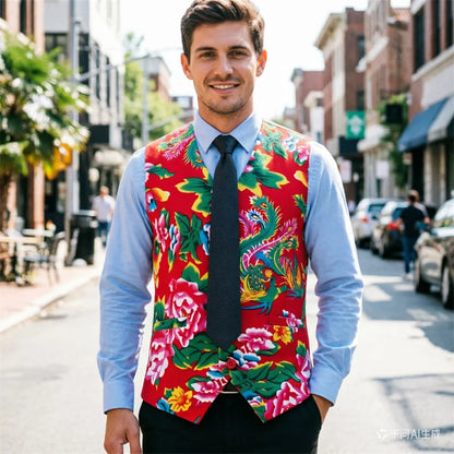 Chinese Style Large Flower Men's Vest - Trendy Printed Slim Fit Vest, Suitable for Both Festive Performances and Daily Wear
