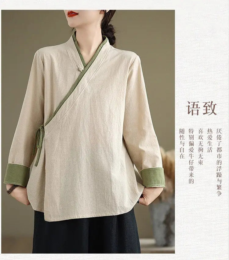 Womens Chinese Style Improved Hanfu Blouse Oblique V Neck Tie Side Contrast Trim Loose Cotton Linen Zen Tea Clothing Tops