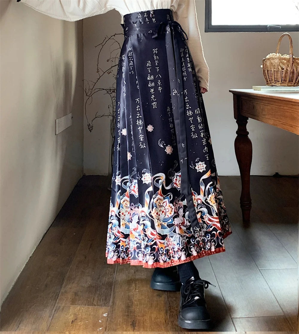 Vintage Maxi Chinese Style Horse Face Skirts for Women Saia One-piece Long Hanfu Pleated Skirt Woman Clothing Faldas Harajuku