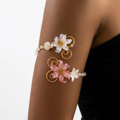 Elegant Gold Color Wire-Wrapped Upper Arm Cuff for Women Romantic Pink Iris Flower Armlet Bracelet Beach Party Charms Jewelry