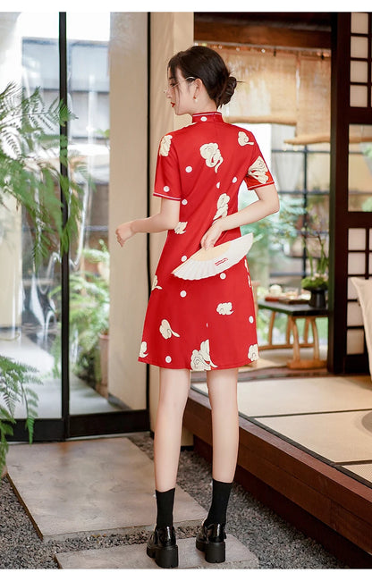 Chinese Traditional National Style Fashion Cartoon Printing Qipao Dress Summer Short Sleeve Elegant Modern Improved Cheongsam