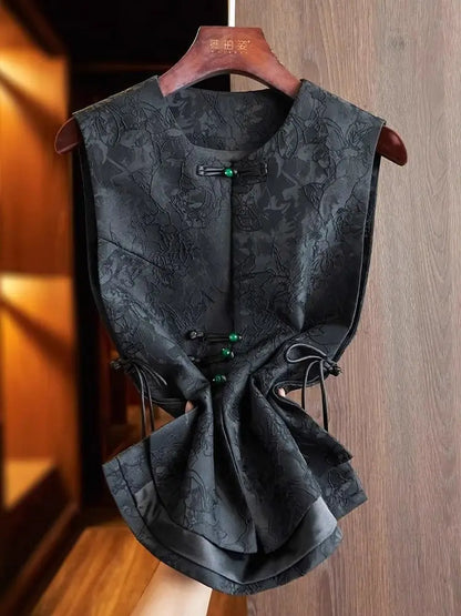 Black Jacquard Vest Women Chinese Style Vintage Embroidered Vest Round Neck Sleeveless Retro Tops