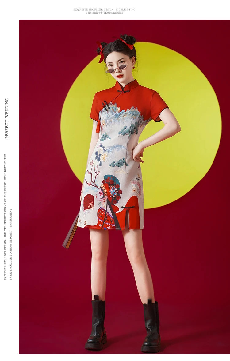 Women's Modern Cheongsam Dress - Red Retro Floral Print Qipao Modern Chic Chinese Style Party Dress