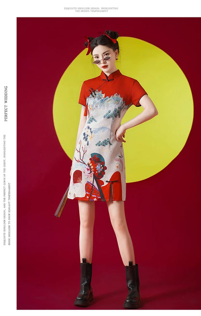 Women's Modern Cheongsam Dress - Red Retro Floral Print Qipao Modern Chic Chinese Style Party Dress