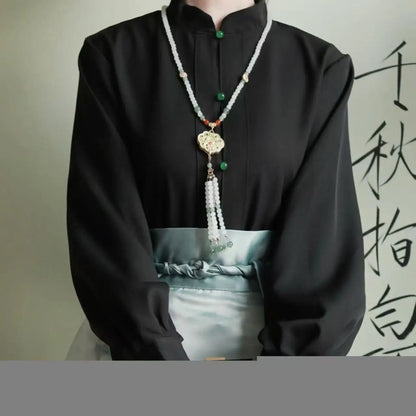 Vintage Women Chinese Traditional Hanfu Cardigan Shirt + Blue Pleated Mamian Skirt Chinese Hot Hanfu Shirt Horse Face Skirt Set