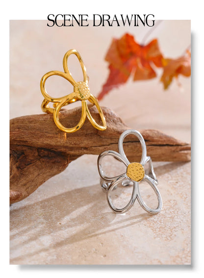 Yhpup Trendy Stainless Steel Metal Flower Adjustable Fashion Finger Ring Rust Proof Attractive Daily Jewelry Accessories Gift