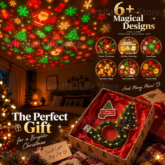 Christmas Projector Light, USB Powered Christmas Night Light with 6+ Holiday Patterns, Flexible Tree Lamp for Bedroom, Ceiling