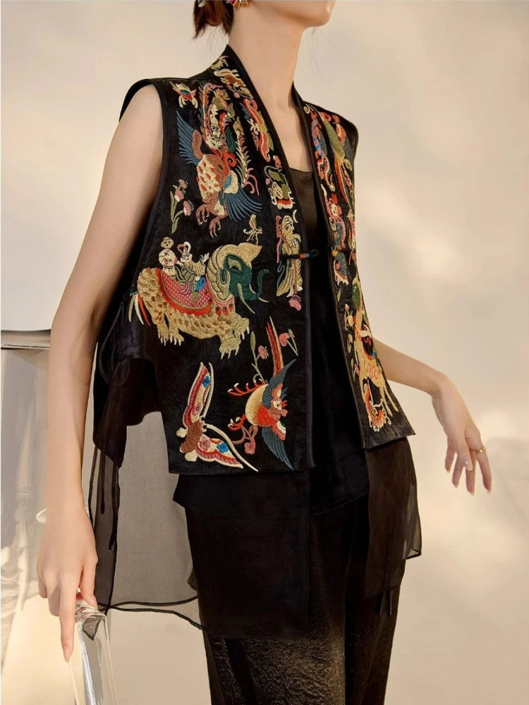 Oriental Vintage Tang Suit Women Vest Black Jacquard Heavy Phoenix Embroidery Organza Splicing Side Tie Sleeveless Waistcoat