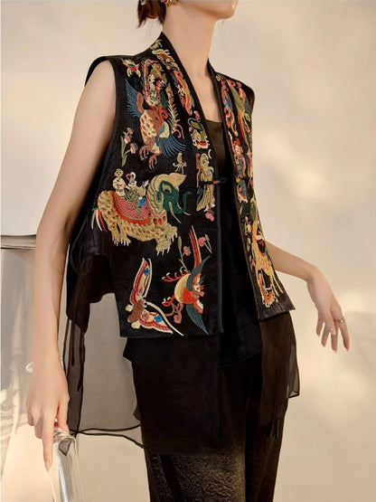 Oriental Vintage Tang Suit Women Vest Black Jacquard Heavy Phoenix Embroidery Organza Splicing Side Tie Sleeveless Waistcoat