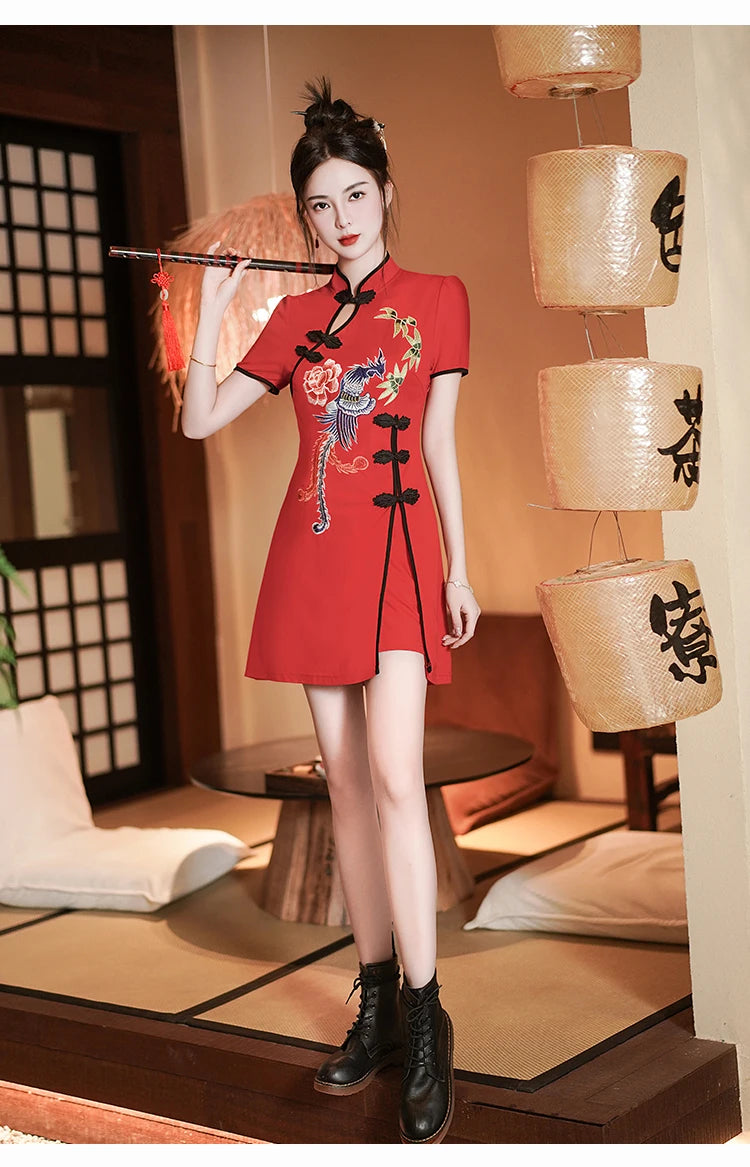 Two Piece Summer Young Red Qipao Chinese Style Retro New Phoenix Embroidery Short Cheongsam New Year CNY