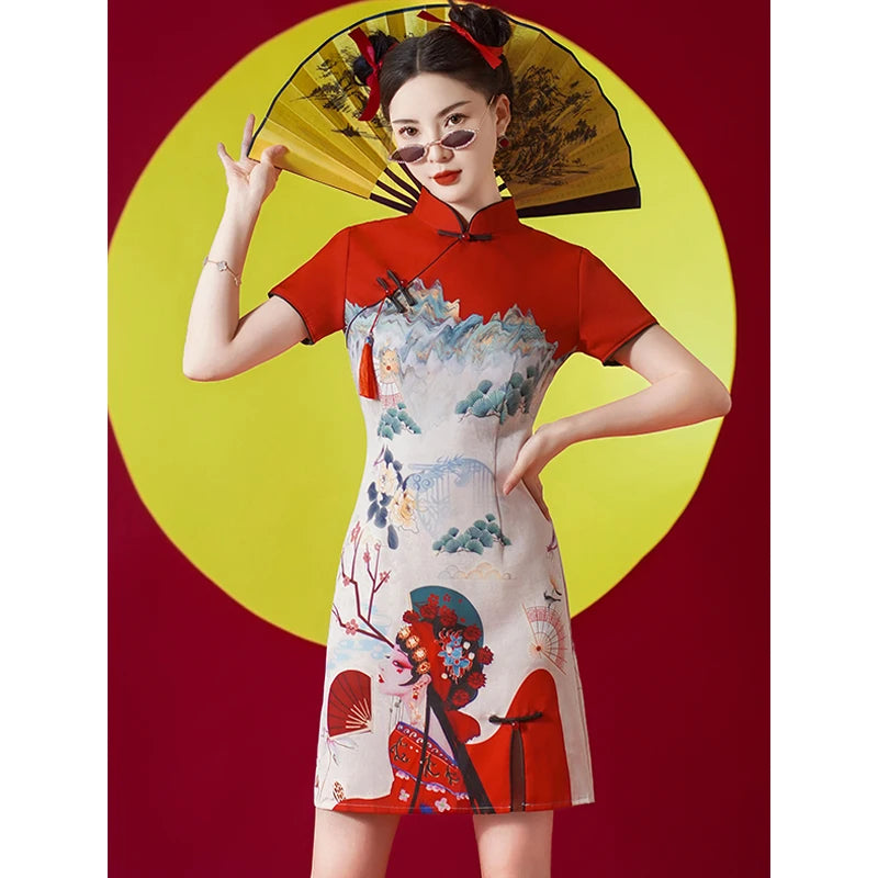Women's Modern Cheongsam Dress - Red Retro Floral Print Qipao Modern Chic Chinese Style Party Dress