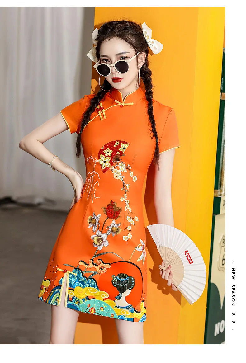Y2K High Street New Fashion Cheongsams Women Improved Qipao Personality Printed Chinese Dress ципао 치파오 Robe Soirée Femme Luxe