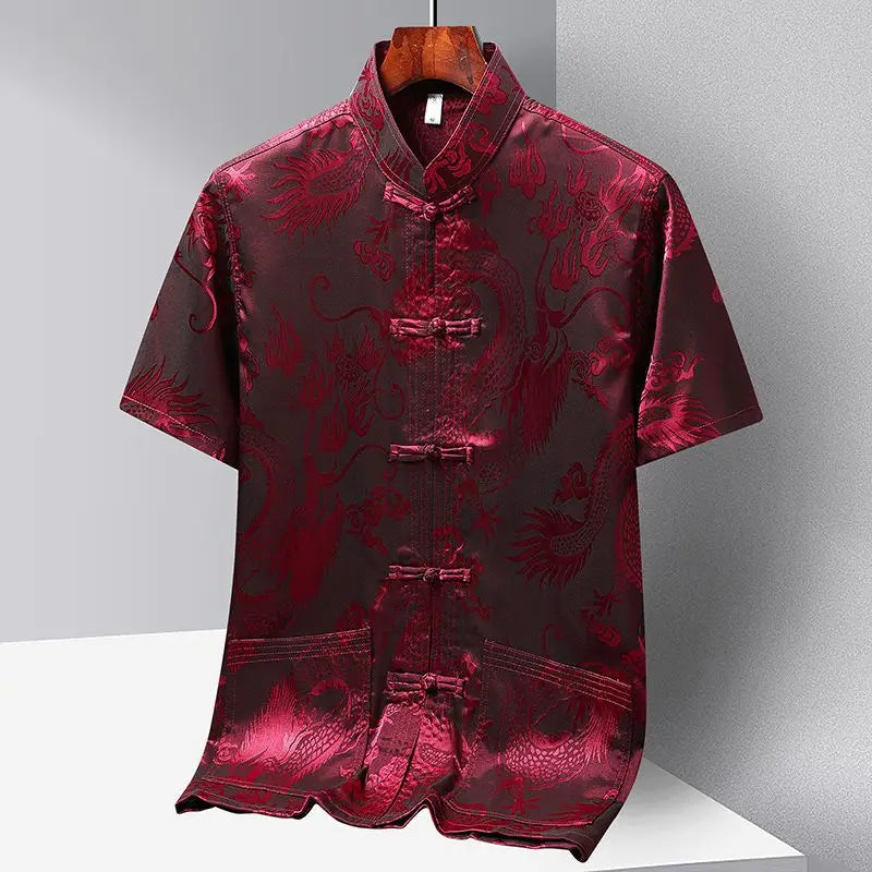 Chinese-style Men Short-sleeved Shirt, Summer Stand-up Collar Single-breasted Shirts, Decorated with Chinese Dragon Patterns.