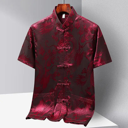 Chinese-style Men Short-sleeved Shirt, Summer Stand-up Collar Single-breasted Shirts, Decorated with Chinese Dragon Patterns.