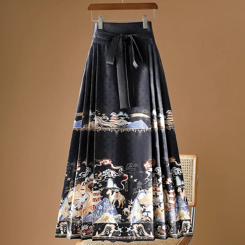 Vintage Maxi Chinese Style Horse Face Skirts for Women Saia One-piece Long Hanfu Pleated Skirt Woman Clothing Faldas Harajuku
