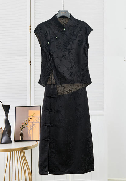 Retro Thin Shirt New Chinese Style Cheongsam Top Black Jacquard Short Sleeve T-shirt Summer Mature Fashion Women's Clothing