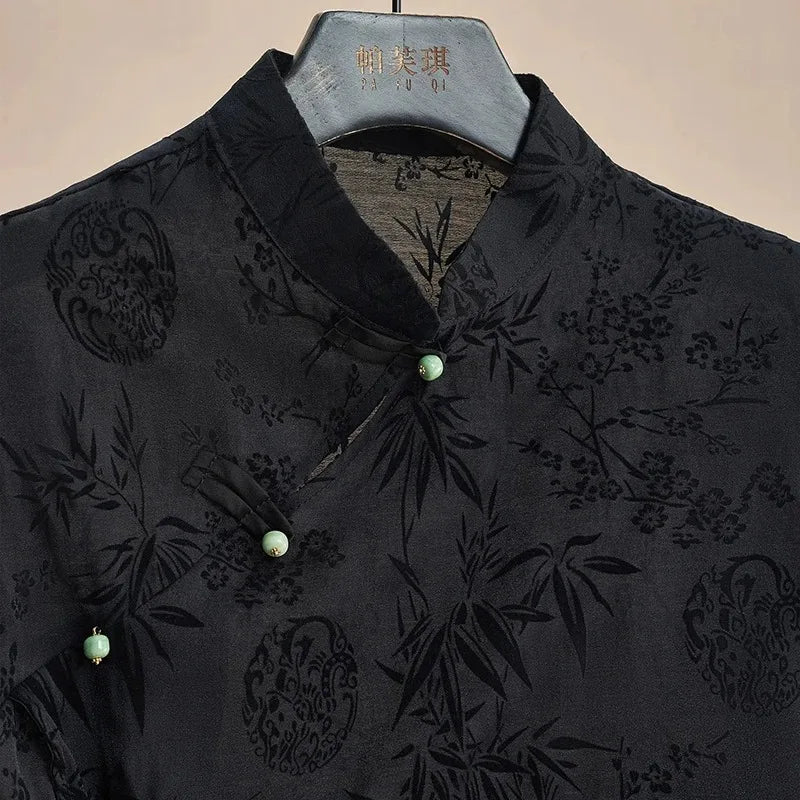 French new Chinese style cheongsam top satin jacquard shoulder short-sleeved T-shirt women new summer retro