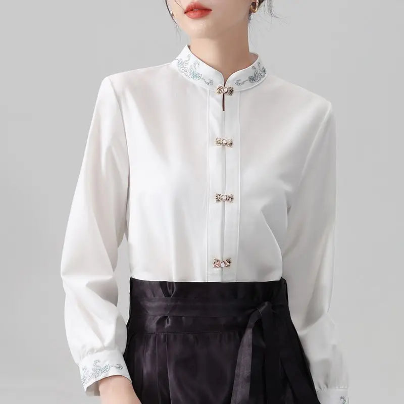 Chinese Style Standing Collar Long Sleeved Shirt for Early Spring Style with Embroidered Chinese Style Women's Clothing Inside