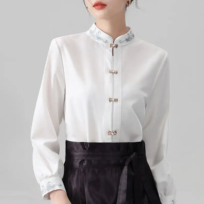 Chinese Style Standing Collar Long Sleeved Shirt for Early Spring Style with Embroidered Chinese Style Women's Clothing Inside