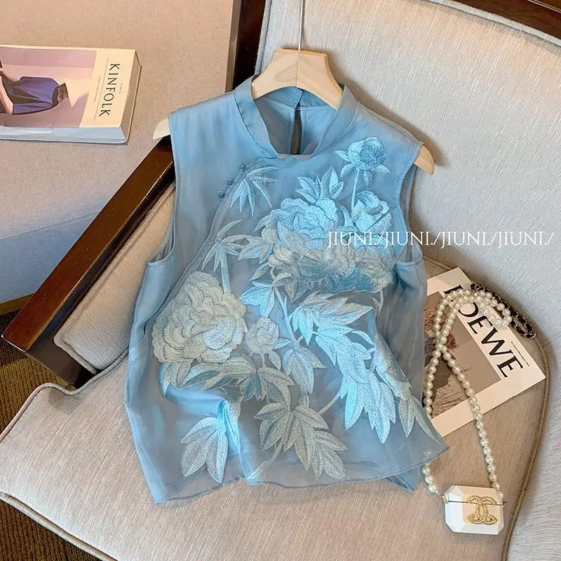 Summer Sleeveless Shirt Embroidered Slanted Stand Collar Chiffon Top Elegance Vest Blouse Chinese Style Women's Clothing