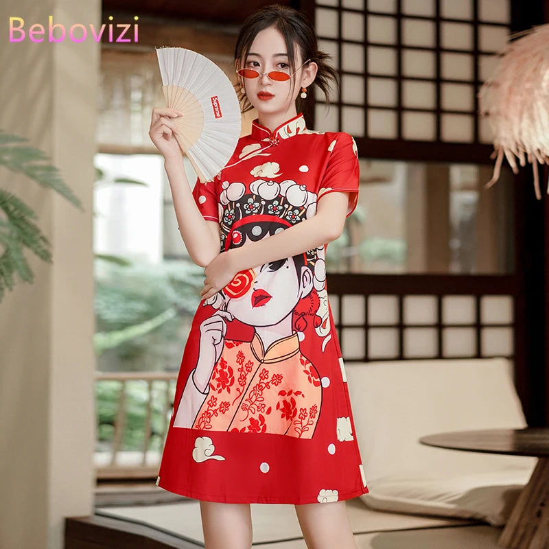 Chinese Traditional National Style Fashion Cartoon Printing Qipao Dress Summer Short Sleeve Elegant Modern Improved Cheongsam
