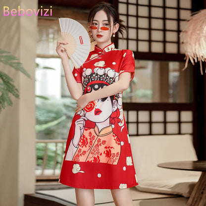 Chinese Traditional National Style Fashion Cartoon Printing Qipao Dress Summer Short Sleeve Elegant Modern Improved Cheongsam
