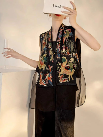Oriental Vintage Tang Suit Women Vest Black Jacquard Heavy Phoenix Embroidery Organza Splicing Side Tie Sleeveless Waistcoat
