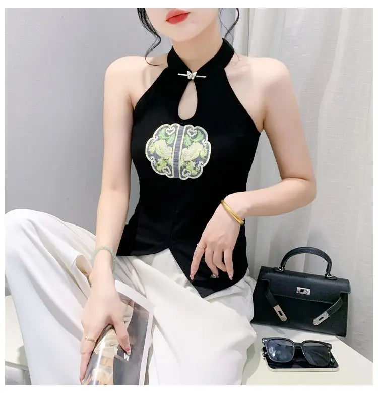 Chinese Style Embroidered Halterneck Vest Ladies Sleeveless Summer Wear Off-the-shoulder Small Suspender Chinese Slim Tank Top