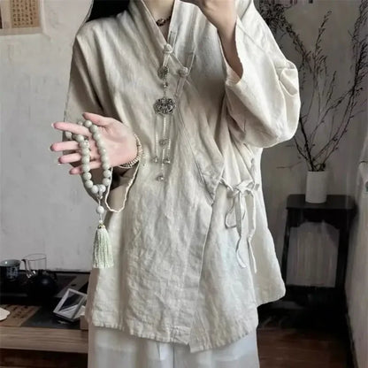 Chinese Style Diagonal Closure Zen Womens Tops Fashion Cotton Linen Asymmetrical Placket Blouse Women Loose Fit Clothes