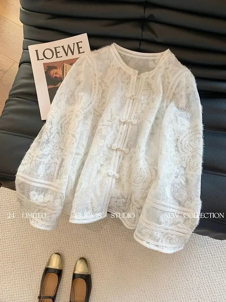 Heavy Industry Lace Hollow Shirt Underwear for Women's Spring New Style Retro Button New Chinese Style Top