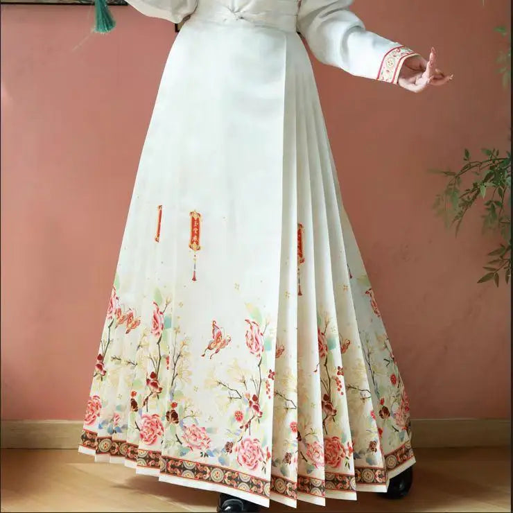 Vintage Women Chinese Traditional Hanfu Cardigan Shirt + Blue Pleated Mamian Skirt Chinese Hot Hanfu Shirt Horse Face Skirt Set