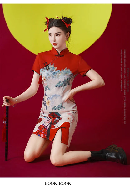 Women's Modern Cheongsam Dress - Red Retro Floral Print Qipao Modern Chic Chinese Style Party Dress