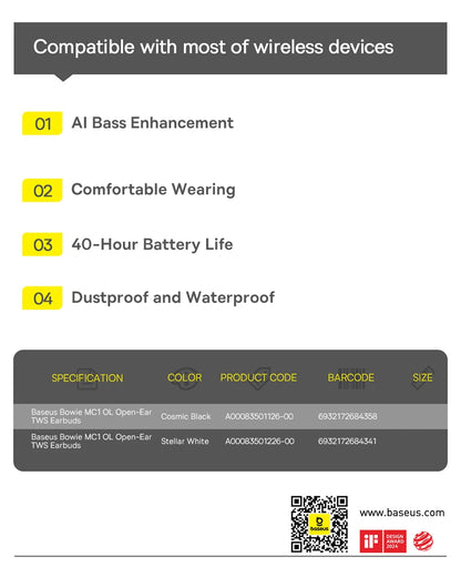 Baseus Bowie MC1 Ear Clip Wireless Earphones Bluetooth 5.4 Open-Ear Headphones Clip-On Sports Earbuds  IP57 Waterproof AI-Bass