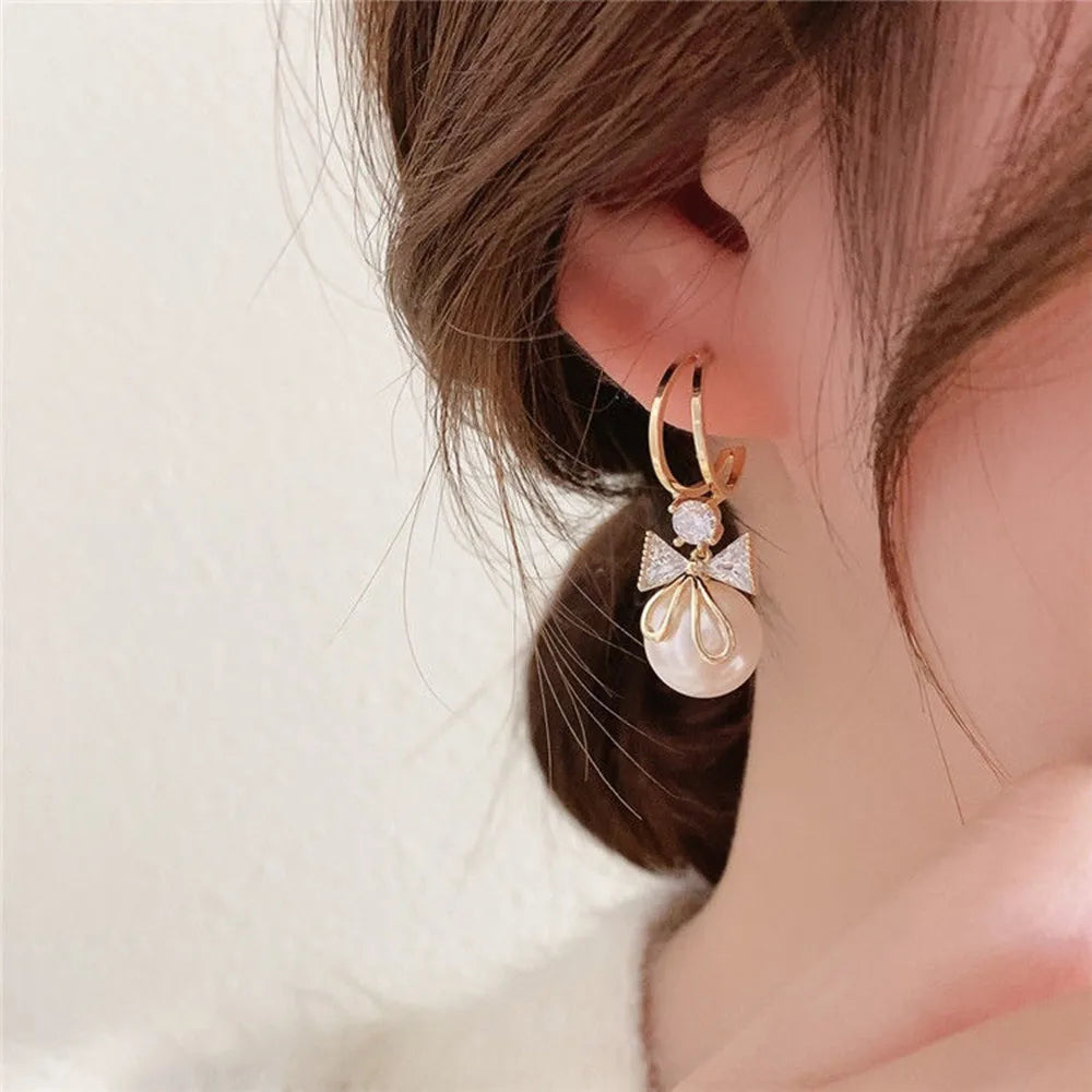 New Trend Simulation Pearl Long Earrings Women's Flower Rhinestone Wedding Pendant Earrings Fashion Korean Jewelry Earrings