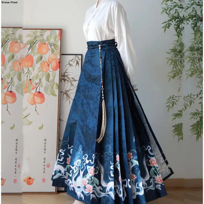 Vintage Women Chinese Traditional Hanfu Cardigan Shirt + Blue Pleated Mamian Skirt Chinese Hot Hanfu Shirt Horse Face Skirt Set