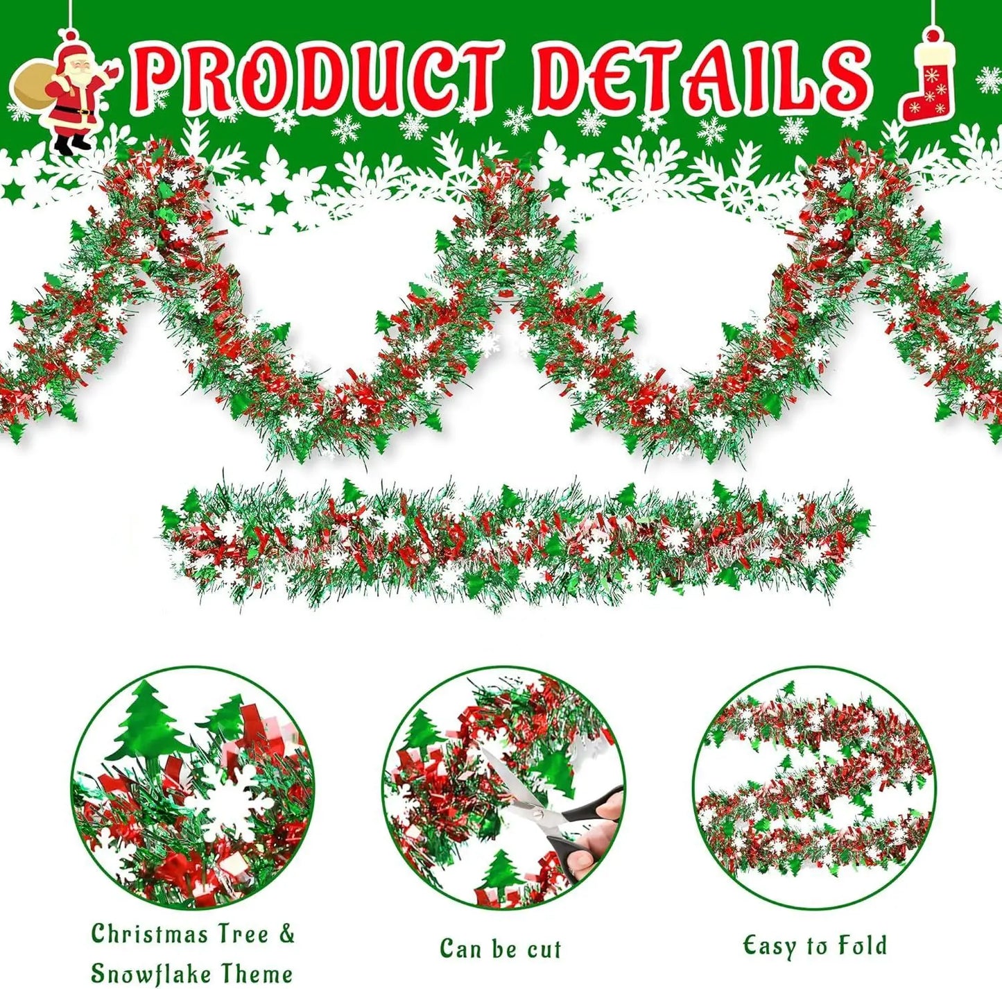 2M Christmas Snowflake Tinsel Garland Xmas Tree Decoration Christmas Metallic Twist Garland Ceiling Hanging New Year Party Decor