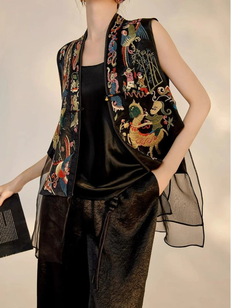 Oriental Vintage Tang Suit Women Vest Black Jacquard Heavy Phoenix Embroidery Organza Splicing Side Tie Sleeveless Waistcoat