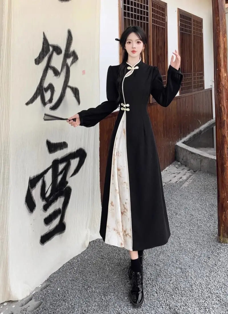 New Chinese National Style New Year Battle Robe Button Modified Qipao Long Dress Women Temperament Splicing Dark Pattern Dresses