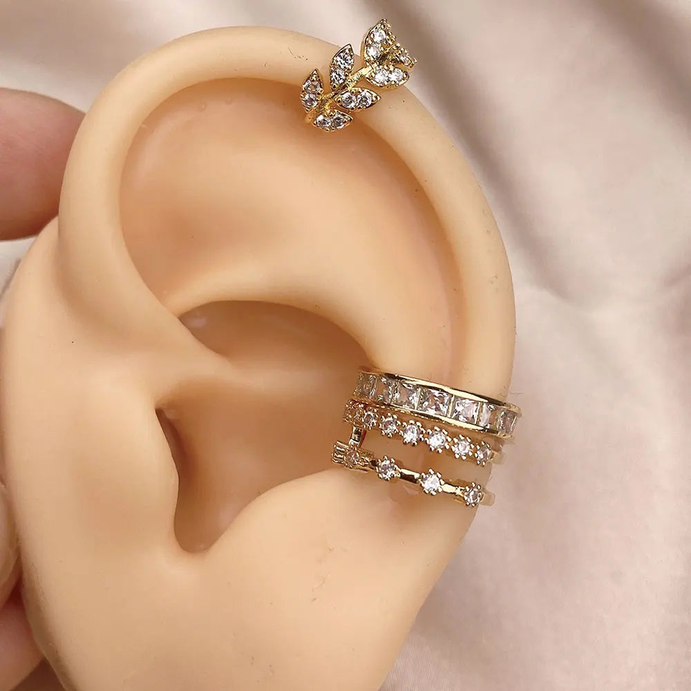 1Pc Fashion Geometry Crystal CZ  Leaf Clip Earring For Women Without Piercing Punk Vintage Star Ear Cuff Wrap Adjustable Jewelry