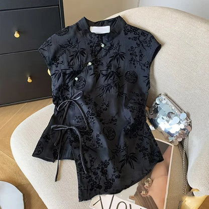 French new Chinese style cheongsam top satin jacquard shoulder short-sleeved T-shirt women new summer retro