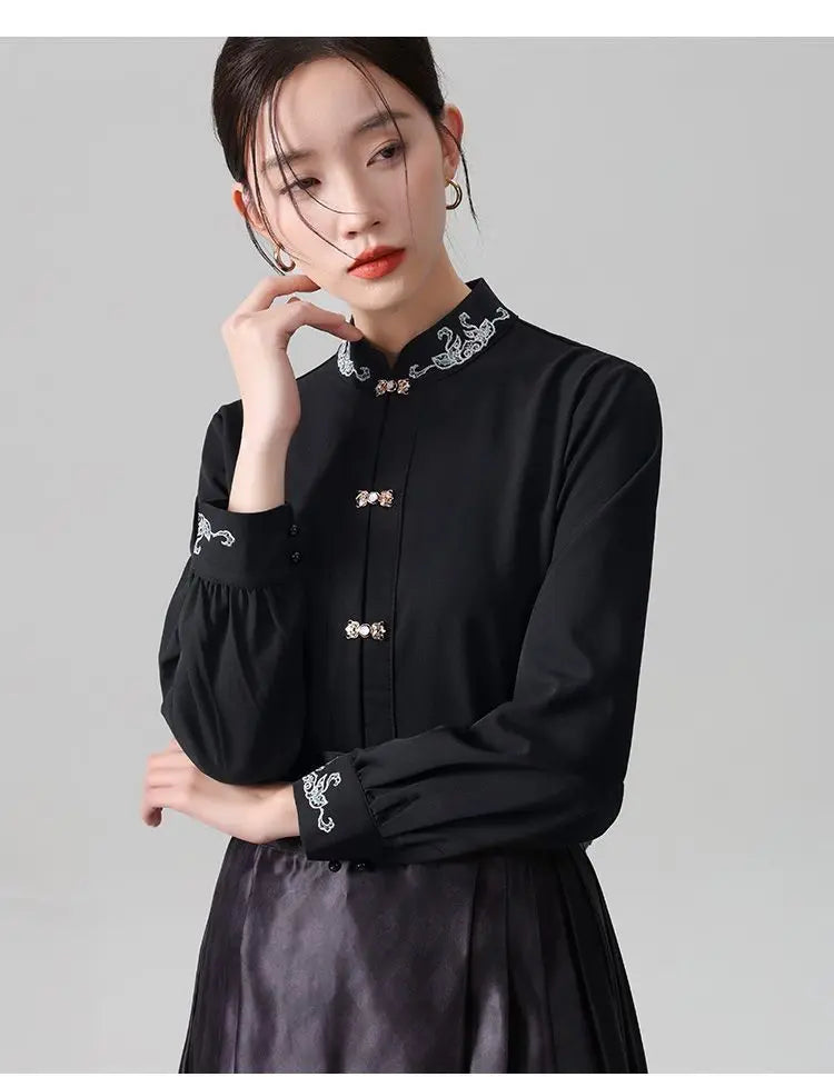 Chinese Style Standing Collar Long Sleeved Shirt for Early Spring Style with Embroidered Chinese Style Women's Clothing Inside