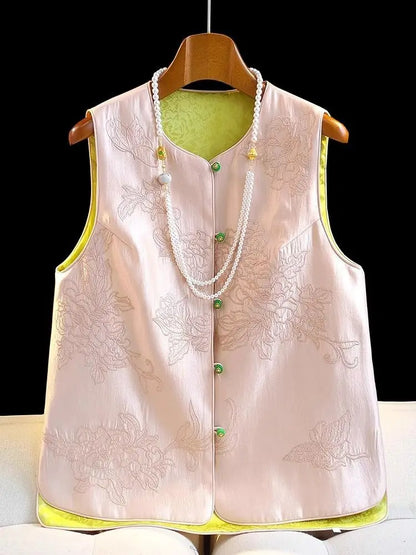 Satin Silk Embroidered Vest Women Chinese Style Vintage Vest Sleeveless Retro Tops Female Autumn New Fashion