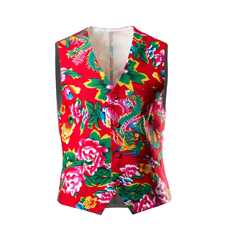 Chinese Style Large Flower Men's Vest - Trendy Printed Slim Fit Vest, Suitable for Both Festive Performances and Daily Wear