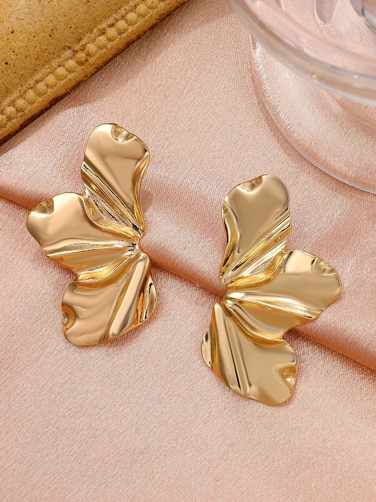 Liquid Irregular Leaves Exaggerated Golden Flowers Drop Earrings for Women Simple Temperament Smooth Petals  Jewelry Girl Gift